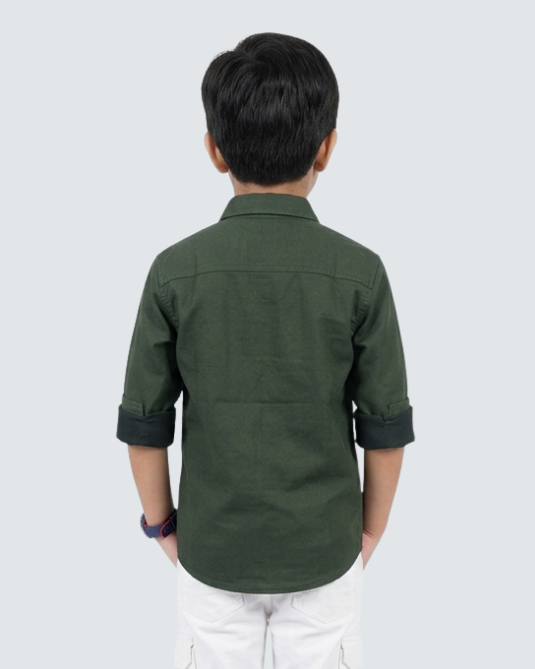 Boys green cotton button-up shirt, back view with collar and yoke