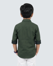 Boys green cotton button-up shirt, back view with collar and yoke