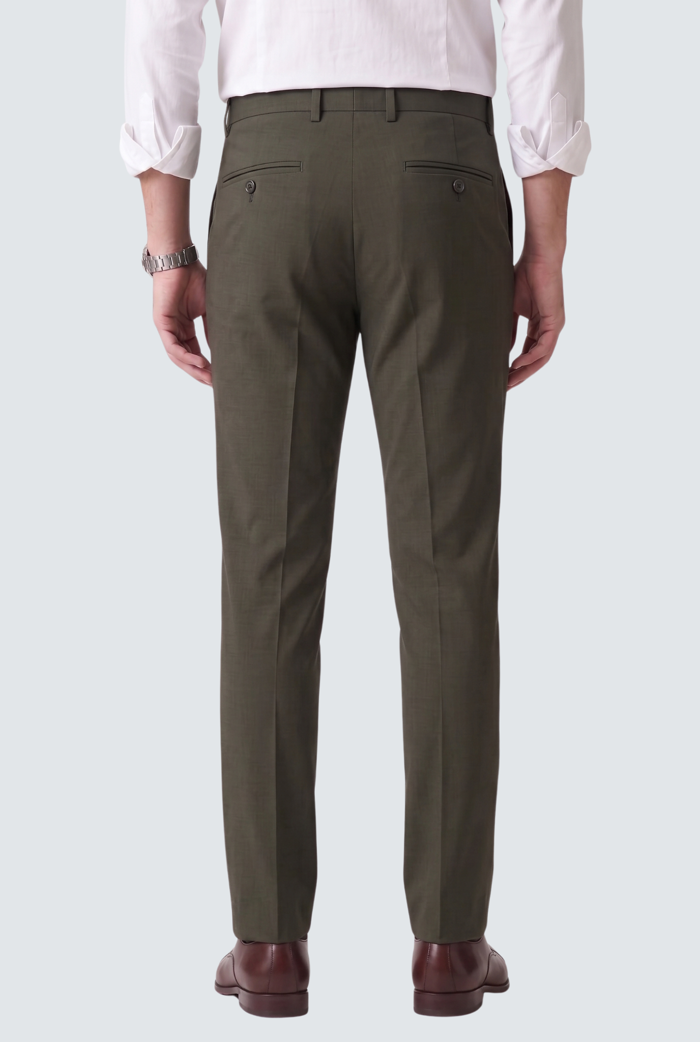Men's dark grey slim-fit regular trousers, back view with belt loops