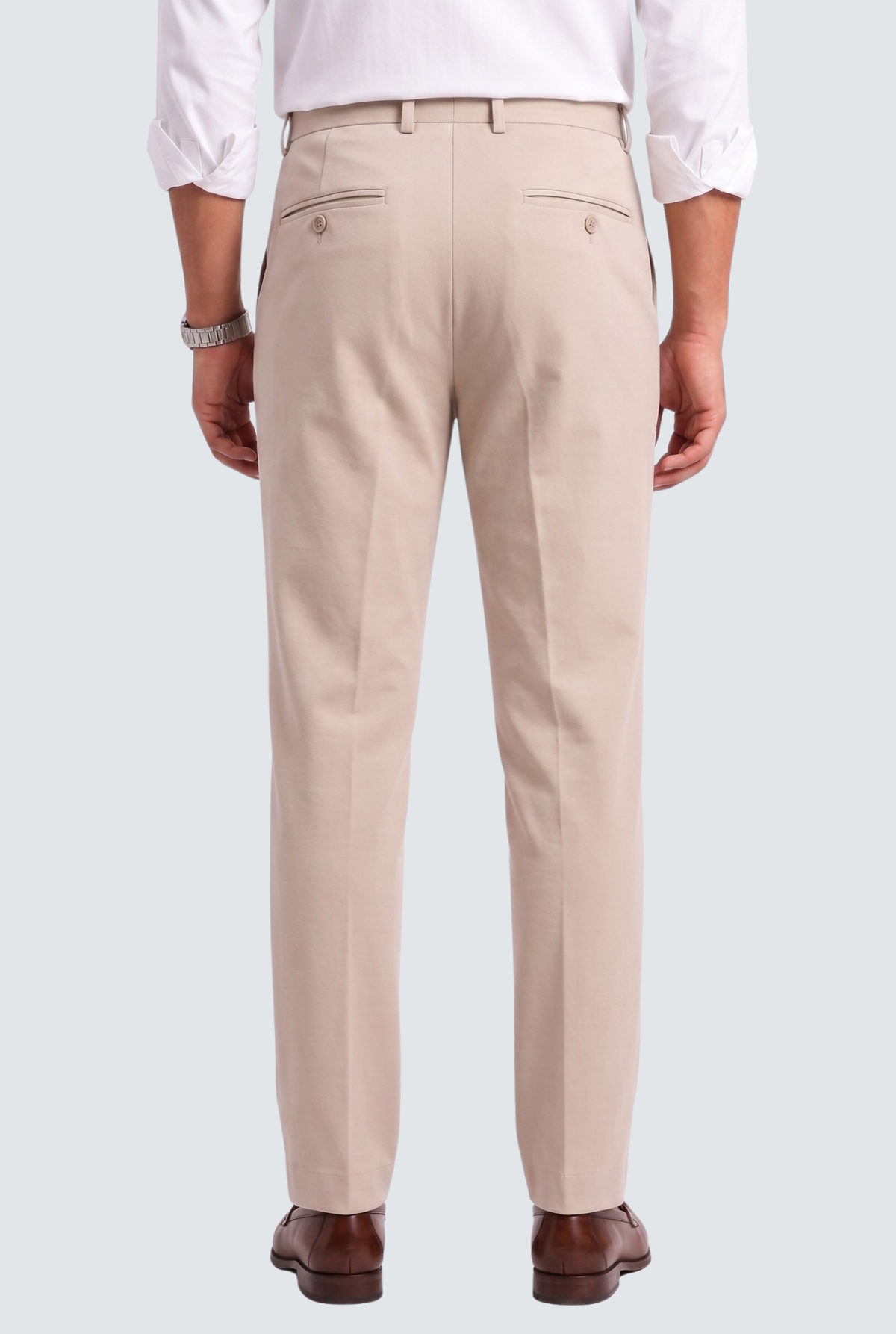 Fawn straight-fit gurkha trousers with center crease, back pockets, and belt loops