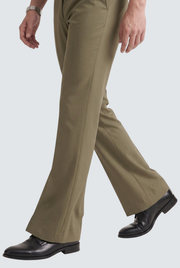 Men's olive bootcut trousers with flared hem and smooth creased fabric