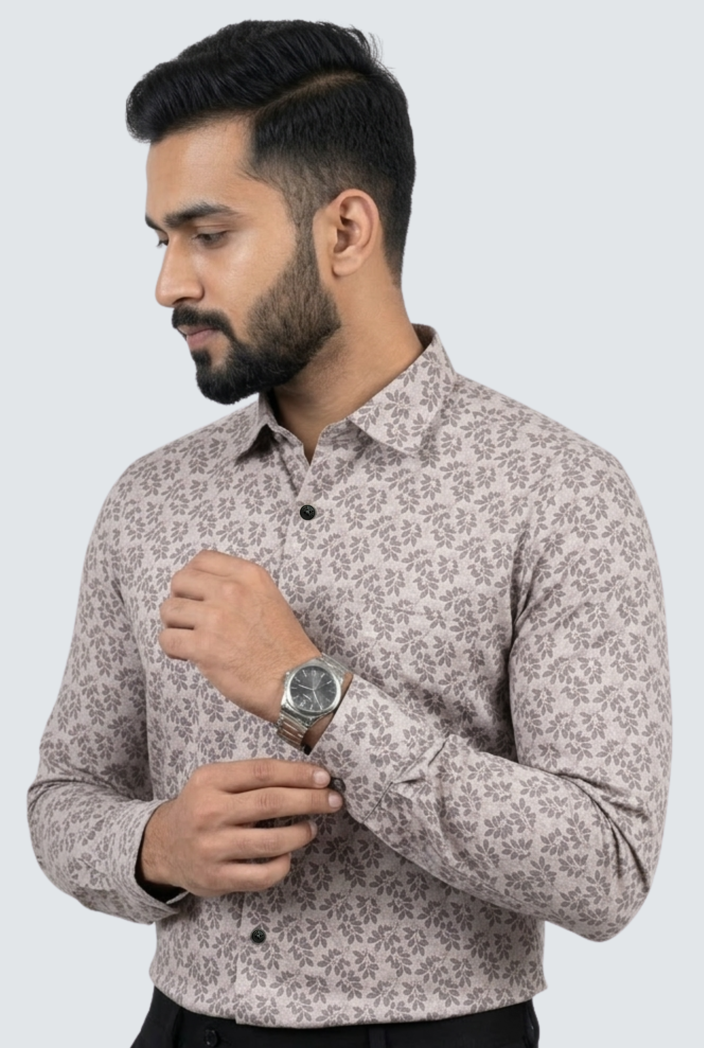 Men’s Pich Satin Fabric Leaf Print Shirt (1831)