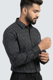 Black dobby cotton shirt, geometric pattern, long sleeves and button-front closure