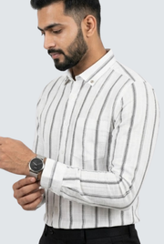 White vertical stripe casual shirt with buttoned cuffs and curved hem