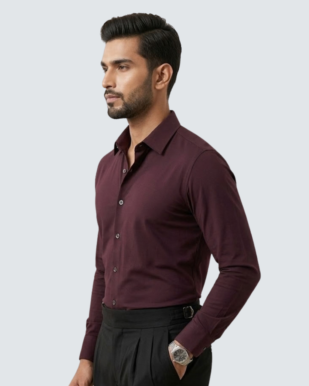 Maroon long-sleeve button-down shirt, side profile with button placket