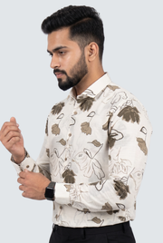 Men's off-white floral cotton shirt side view with brown leaf print and buttoned cuffs