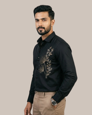 Men's black satin lycra shirt with gold floral chest embroidery and button-down collar