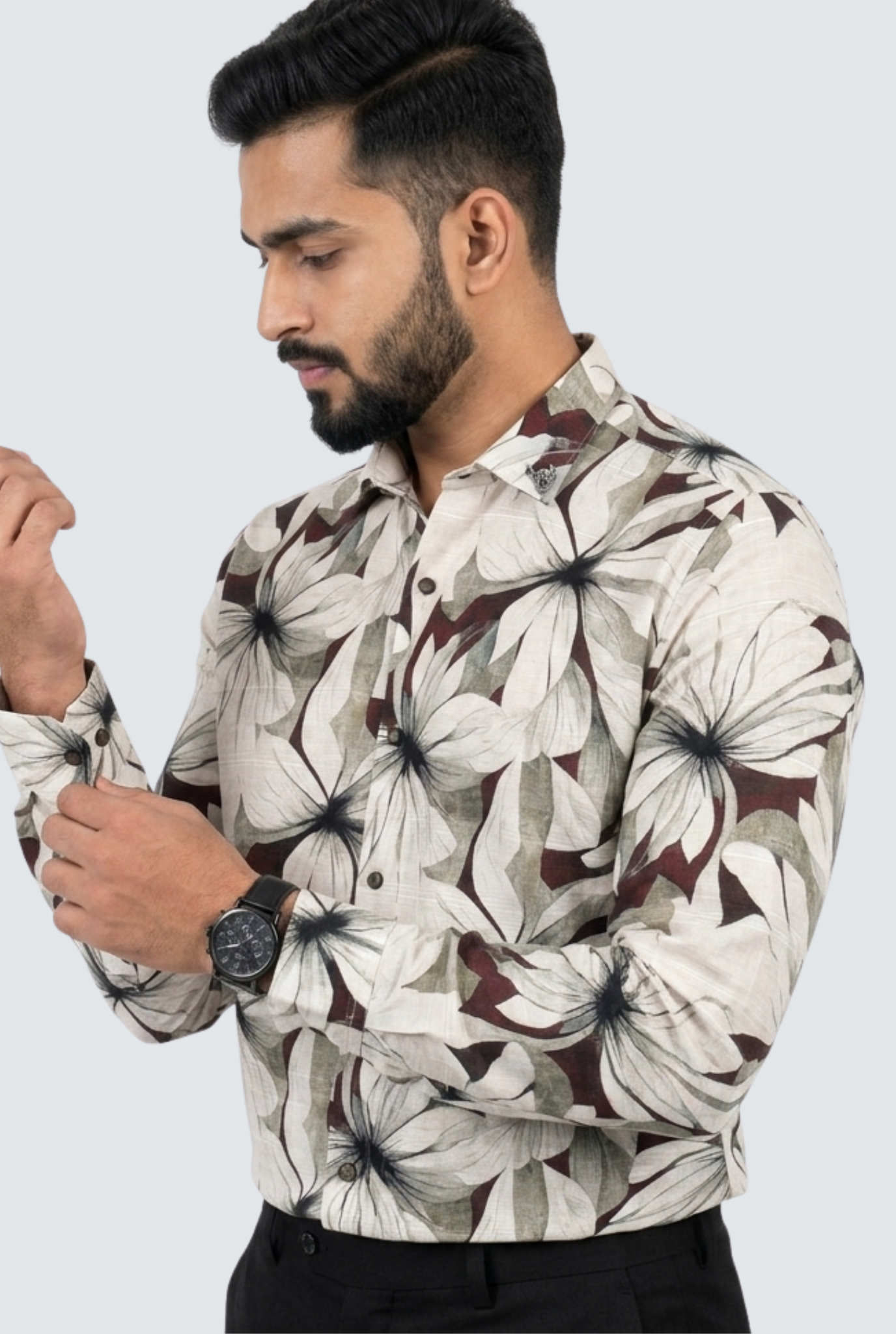 Men’s Floral Printed Casual Shirt-Wine(1887)