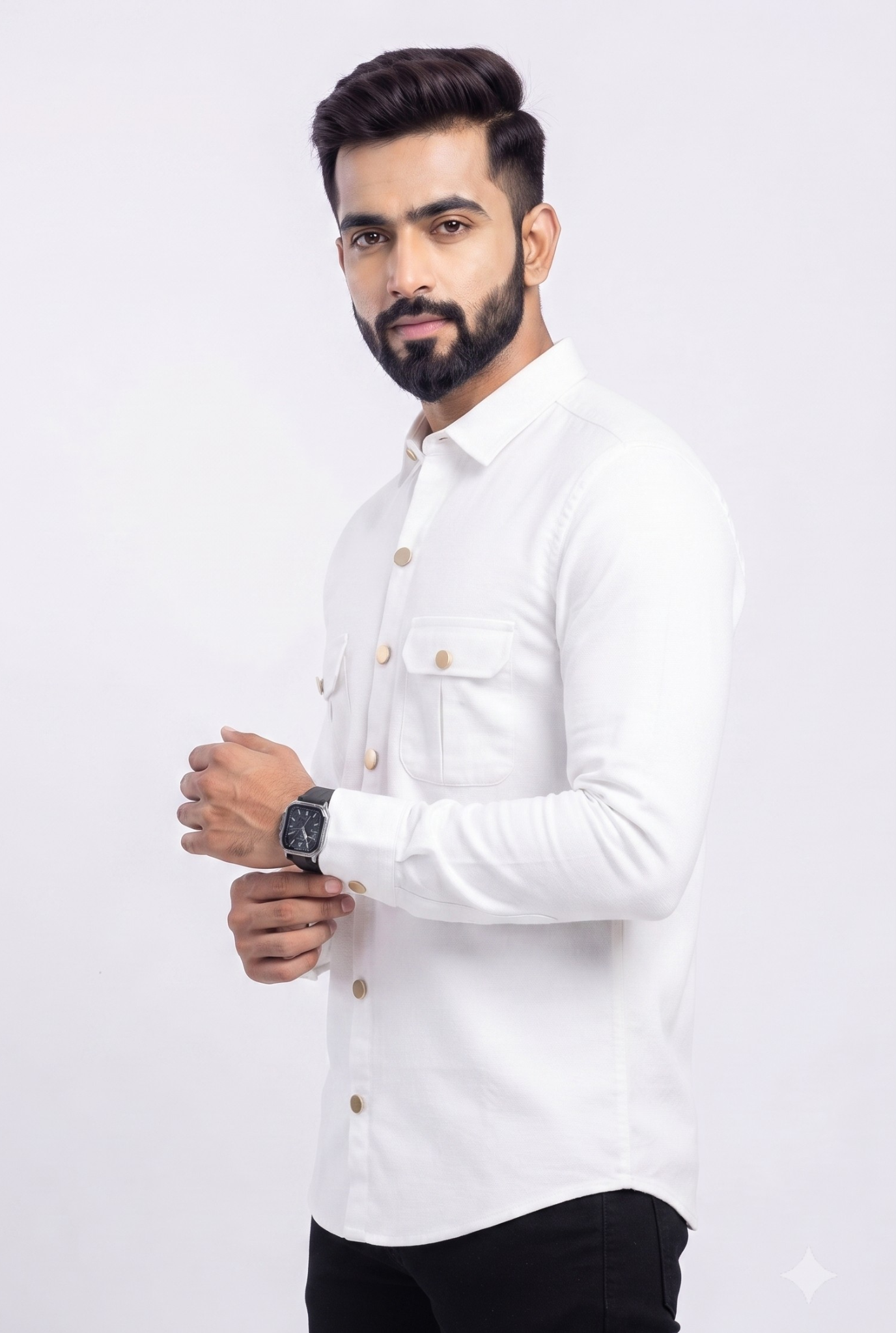 Men's White Cotton Lycra Double Pocket Full Sleeve Shirt-(1881)