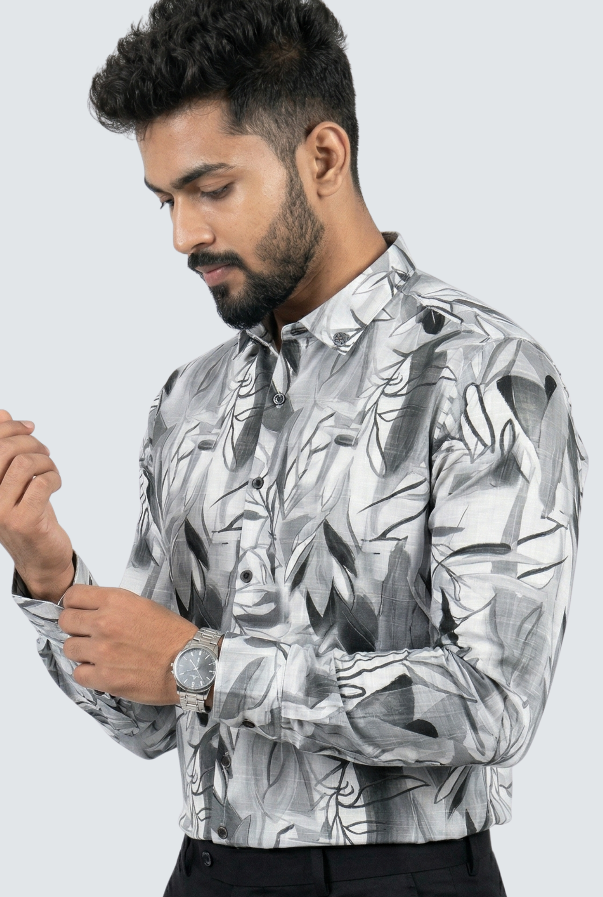 Grey dobby cotton shirt with leaf pattern, long sleeves and button placket