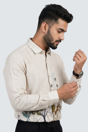Men's linen button-up shirt with nature print front and buttoned cuffs
