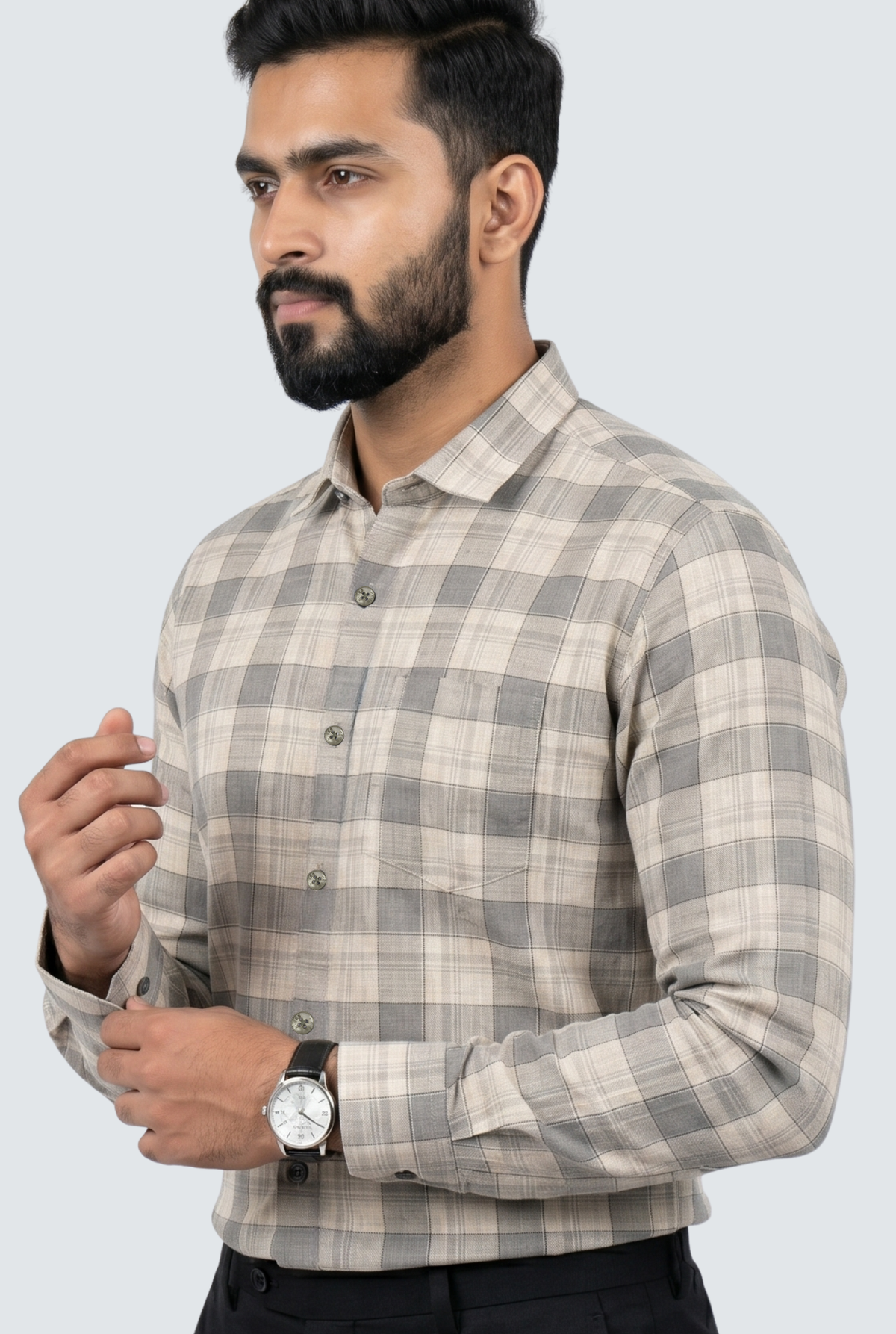 Men's grey plaid linen casual shirt, side view, long sleeves