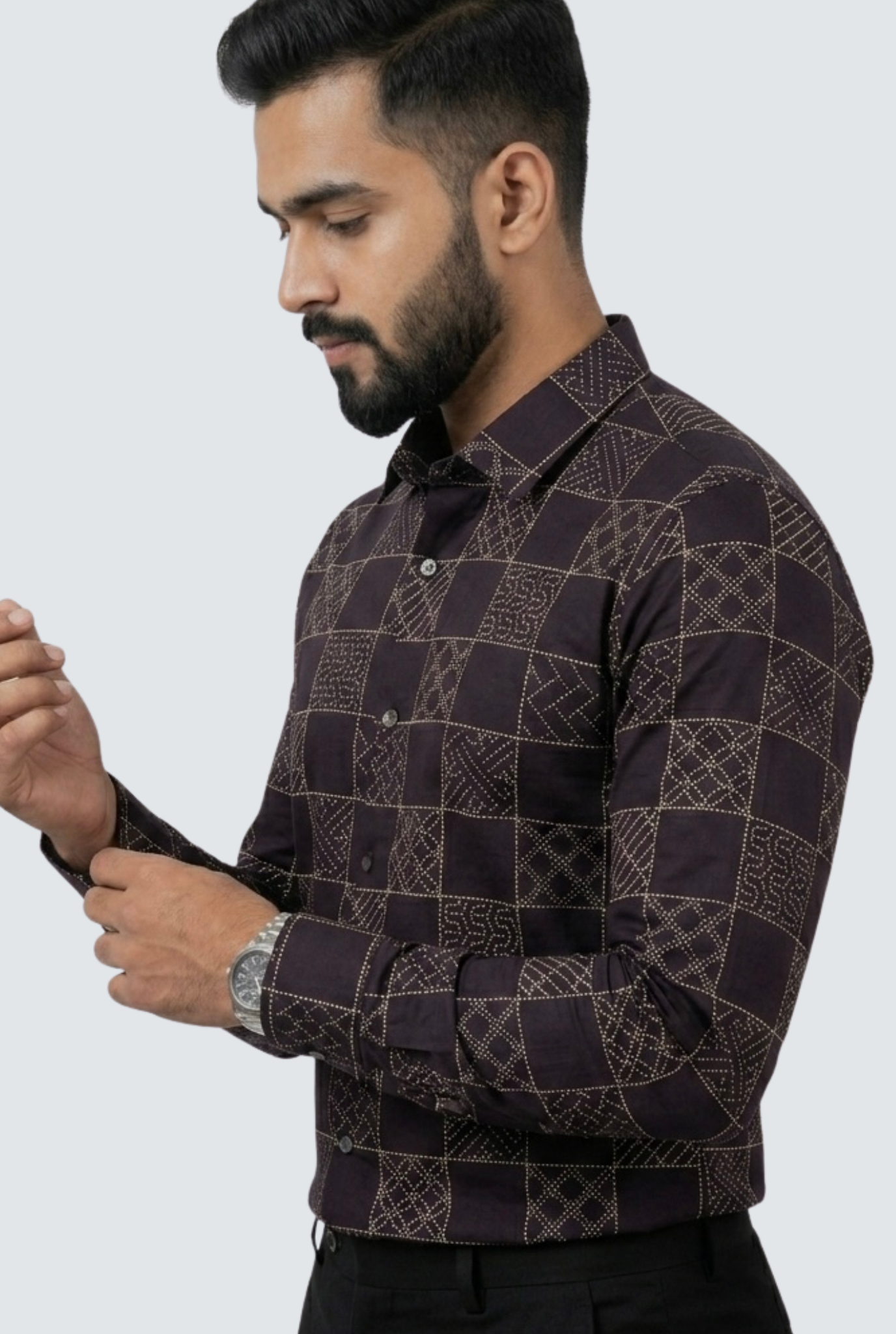 Premium Cotton Dobby Print Shirt- Geometric Pattern (1812)-Brown