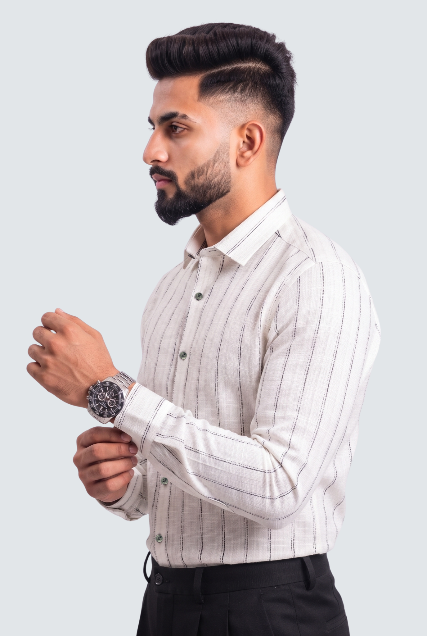 Men's linen button-up shirt with vertical stripes, long sleeves, button front