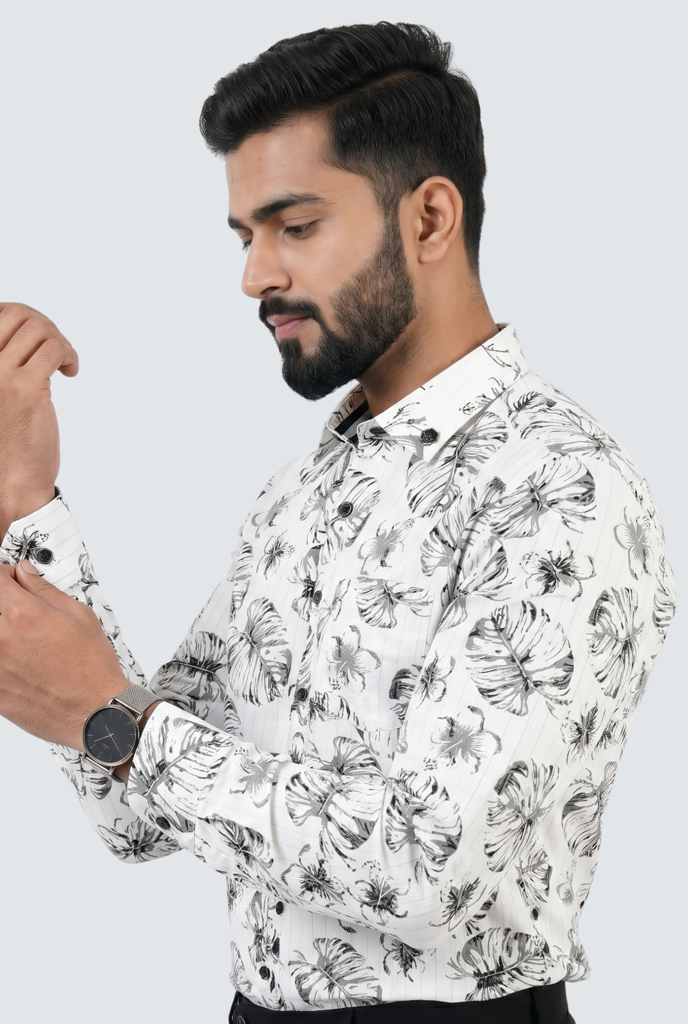 Men’s Leaf Print Dobby Cotton Shirt-White(1883)