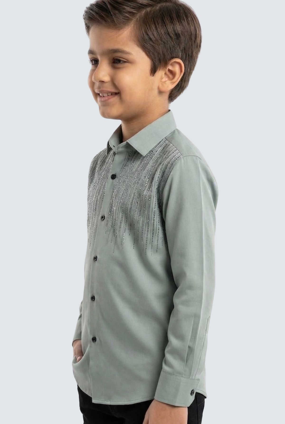 Kids mint green collared button-up shirt with vertical textured stripes, short sleeves