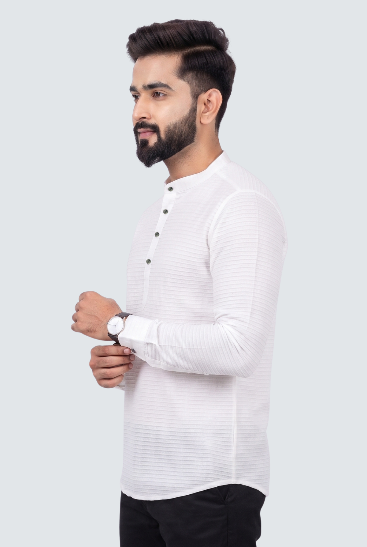 Men's white short kurta, side view, mandarin collar with button placket and long sleeves