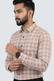 Men's pink plaid linen casual shirt, long sleeves and buttoned placket
