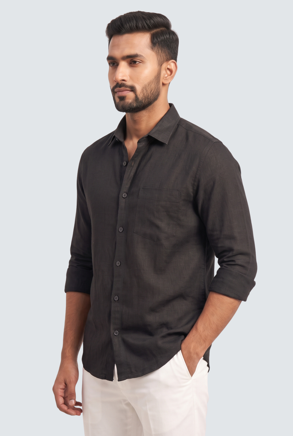 Black linen button-up shirt with collar, side view, long sleeves