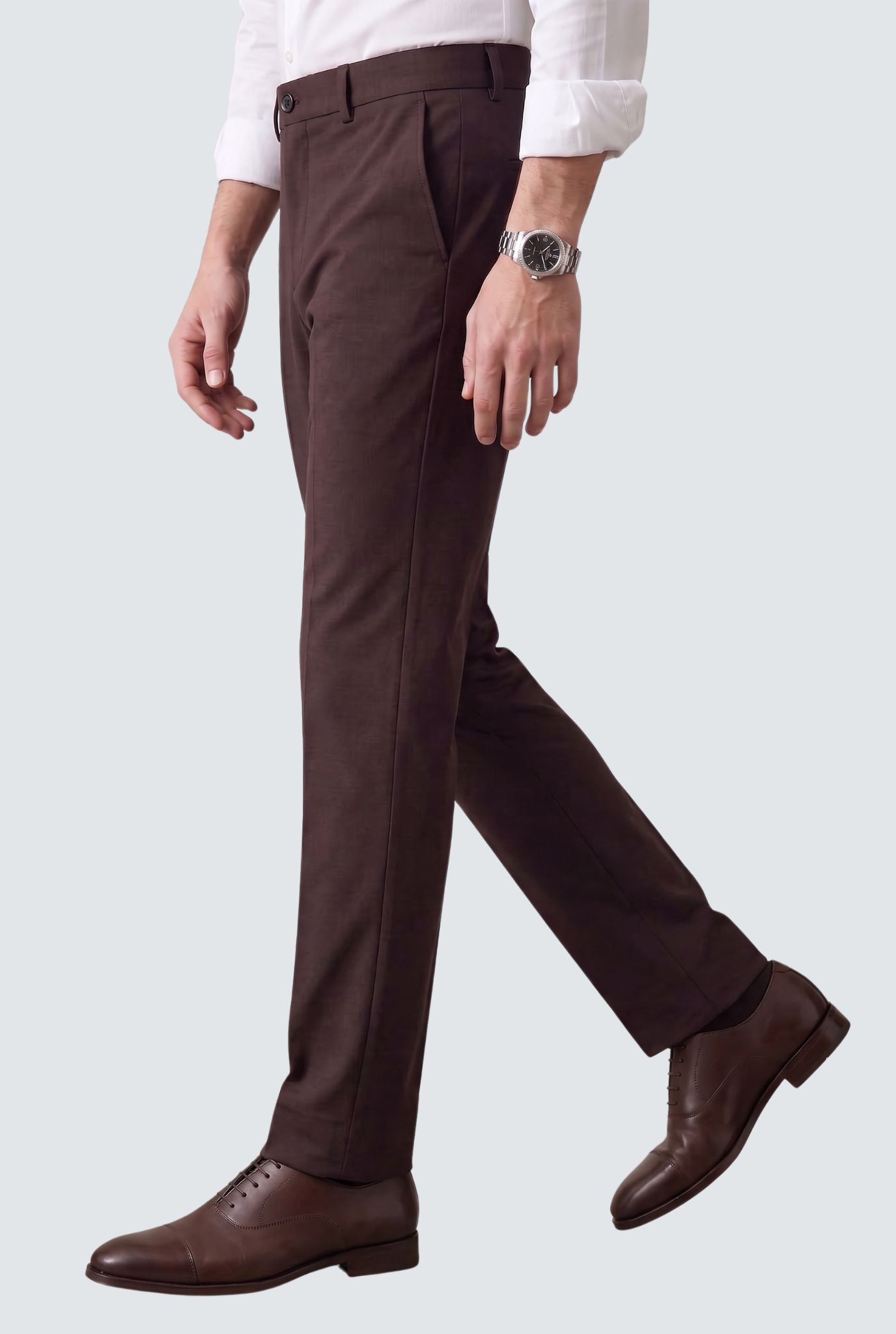 Men's dark purple slim-fit trousers with belt loops, button fly, and side pockets