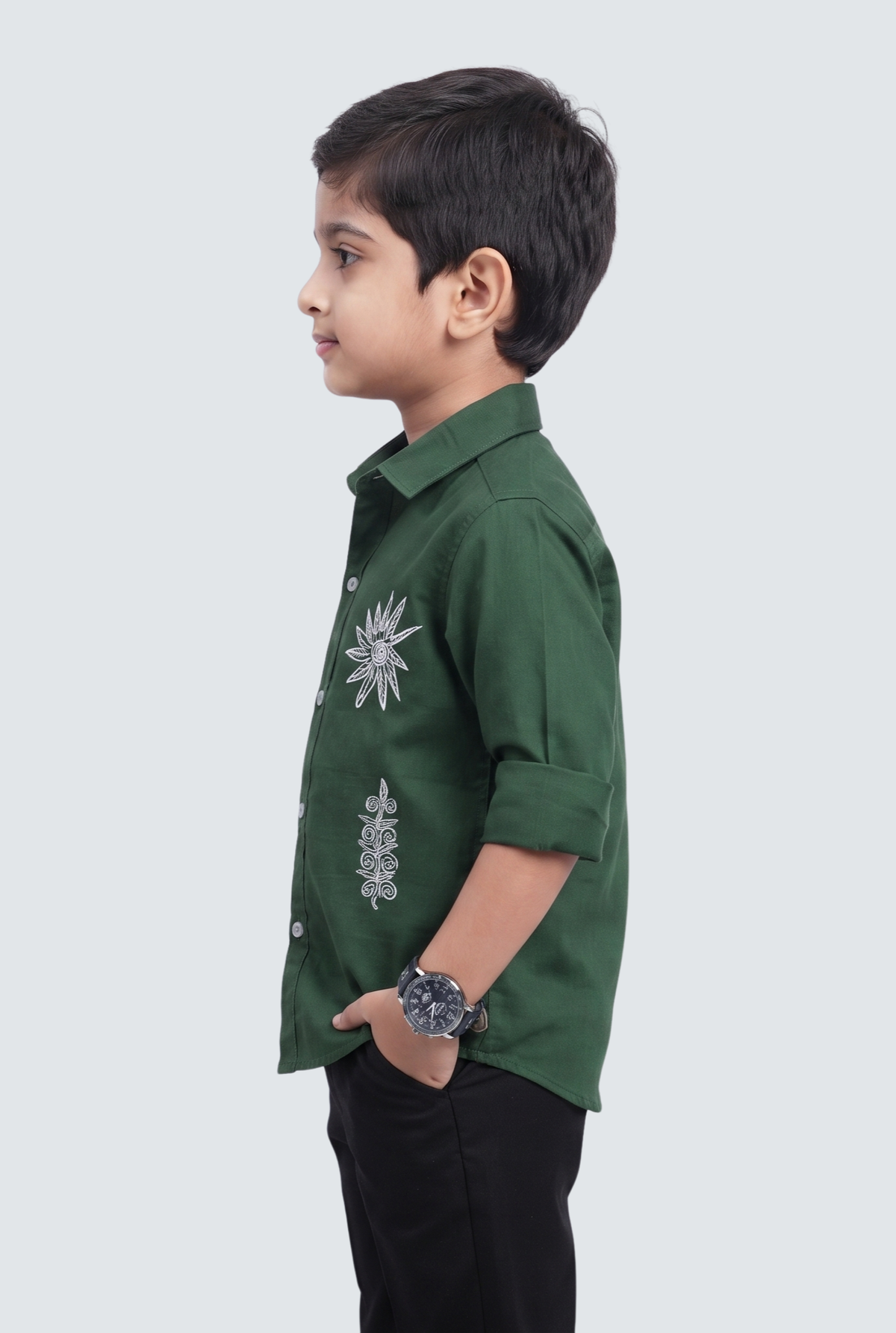 Boys green twill cotton full-sleeve shirt with white printed sleeve motifs and button front
