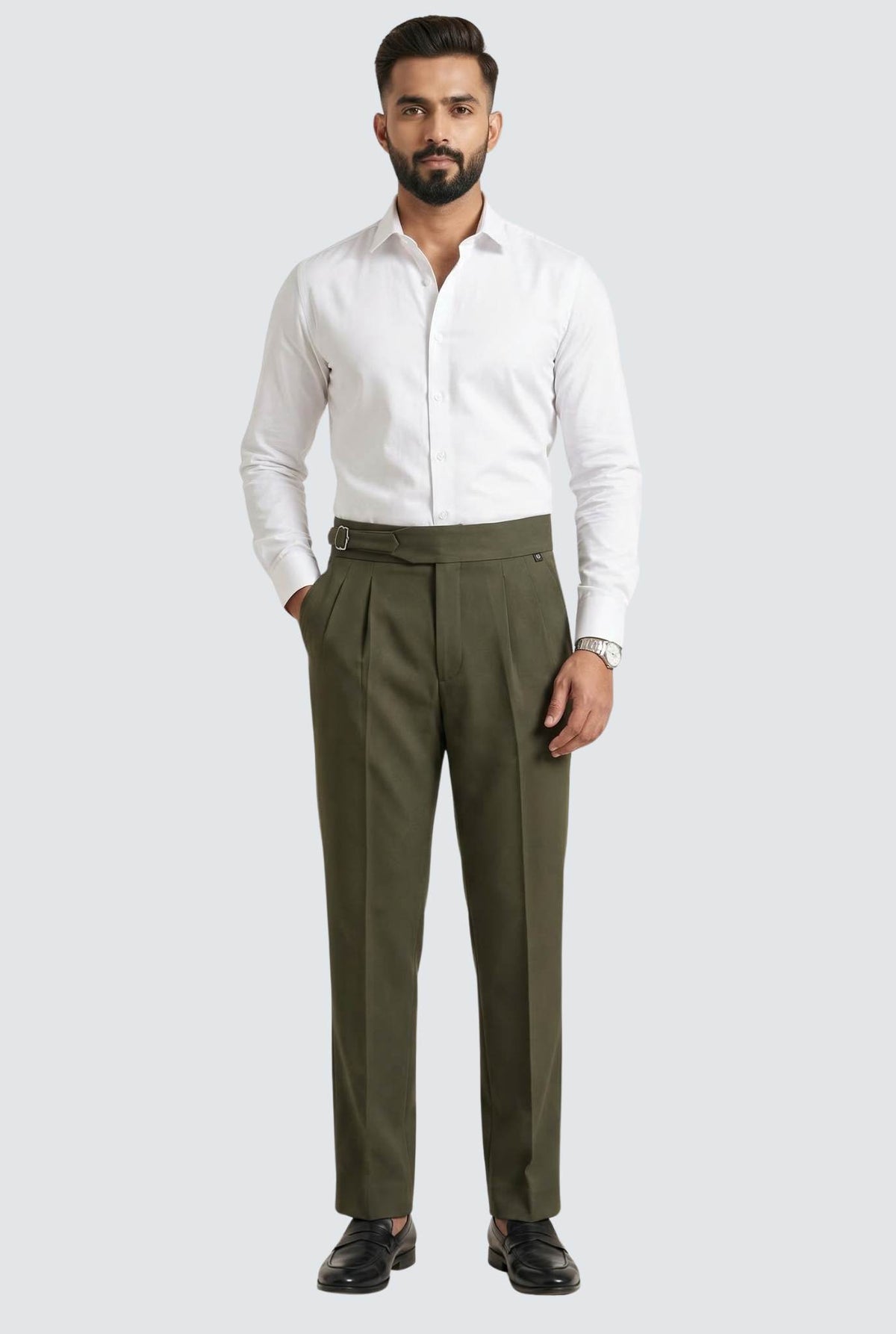 Men’s bottle green casual trousers with belt, pleats, and straight legs