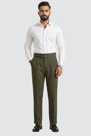 Men’s bottle green casual trousers with belt, pleats, and straight legs