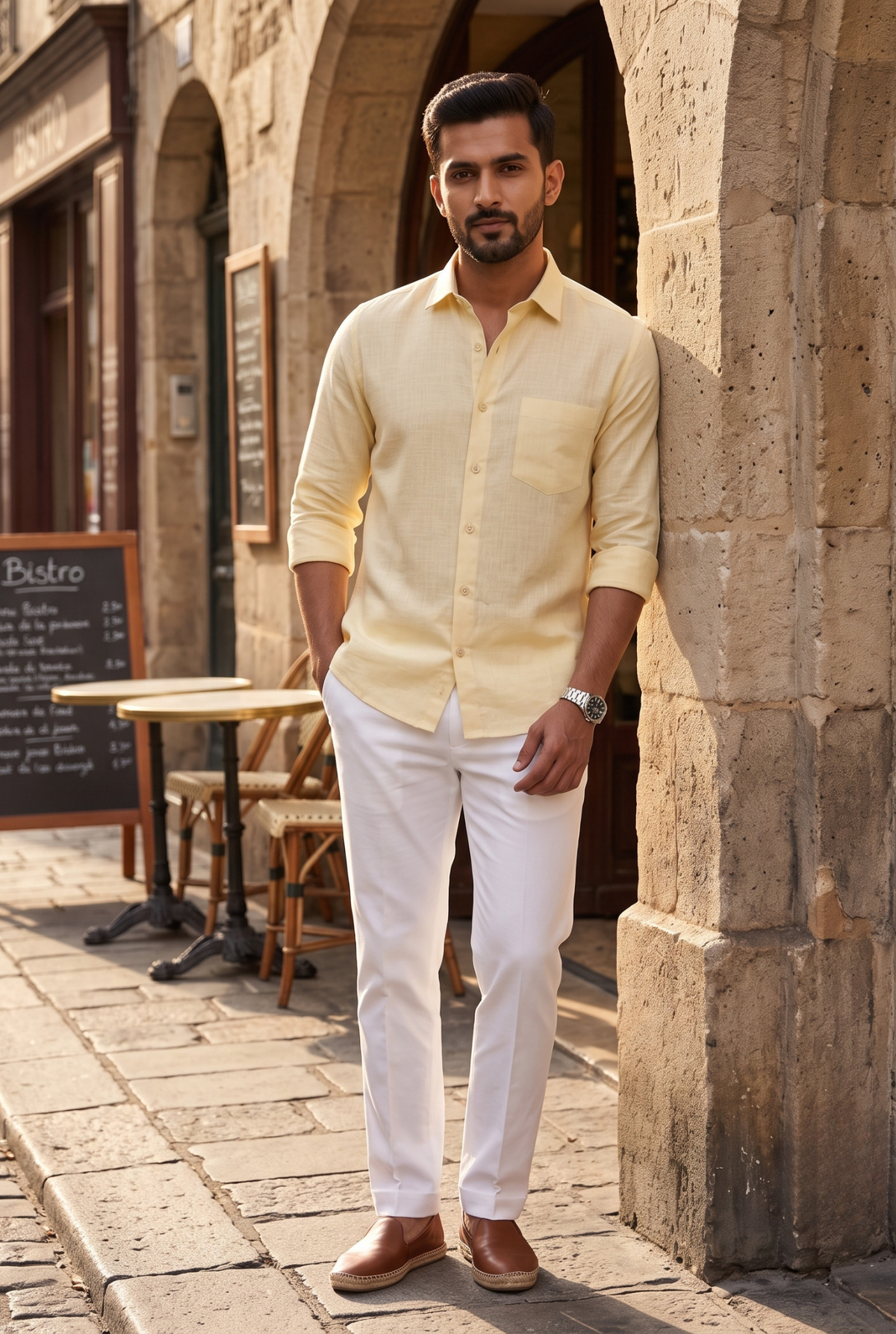 Lemon yellow linen button-up shirt with chest pocket and buttoned placket