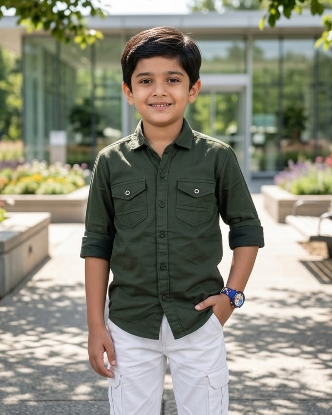Boys green cotton button-up shirt with collar and chest pockets, three-quarter sleeve