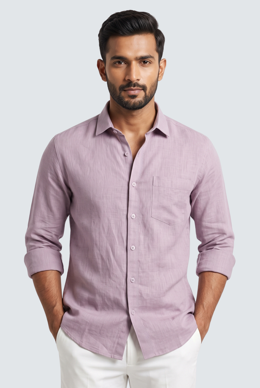 Light purple linen button-up shirt with pointed collar and front pockets