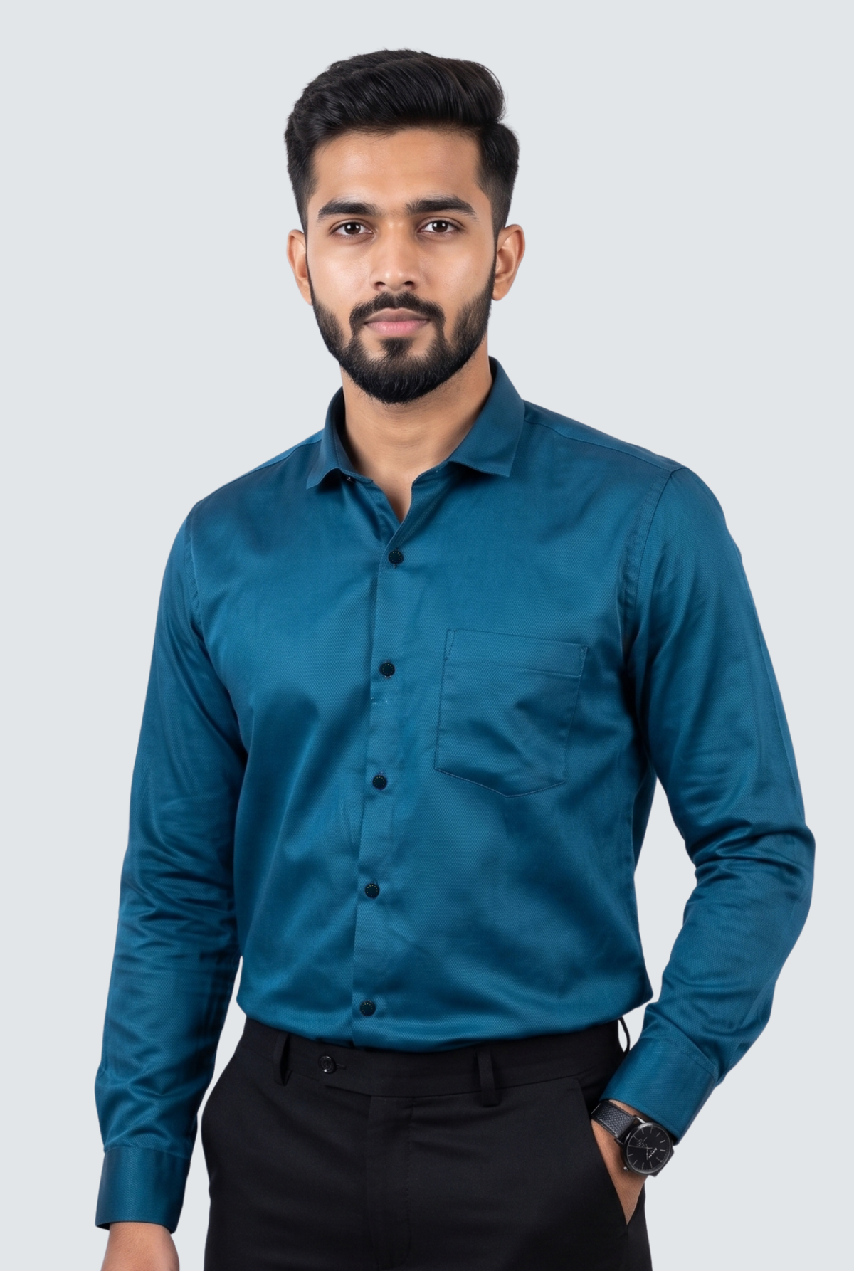 Men's Rama cotton satin lycra shirt, teal blue, button-front with chest pocket
