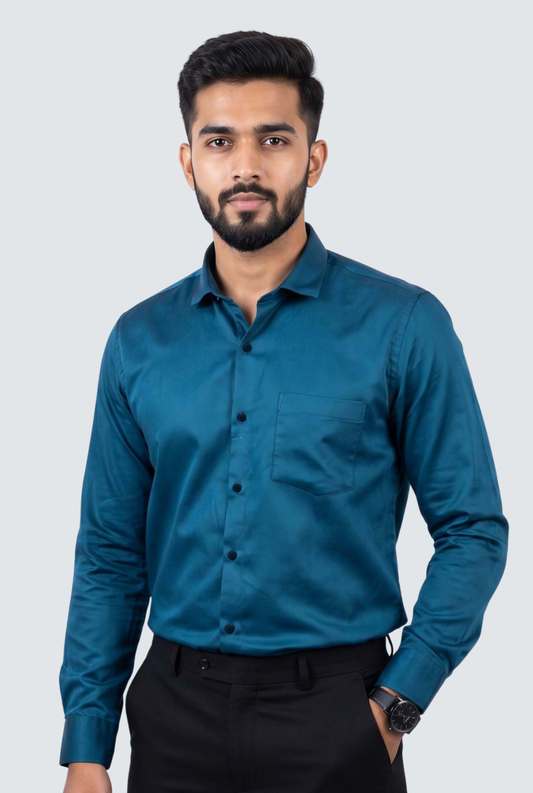 Men's Rama cotton satin lycra shirt, teal blue, button-front with chest pocket