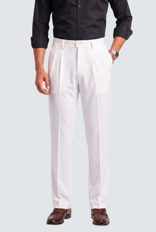 Men's white straight-fit Gurkha trousers, front view with pleats, belt loops, and cuffed hem
