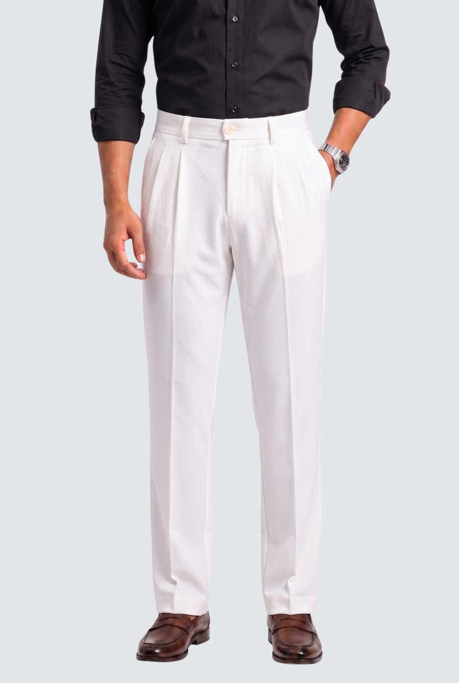 Men's white straight-fit Gurkha trousers, front view with pleats, belt loops, and cuffed hem