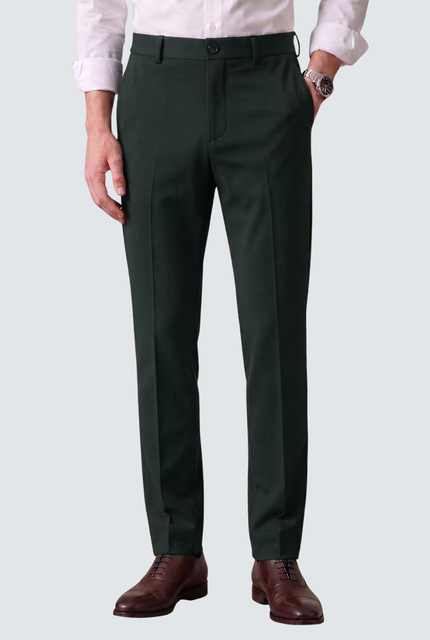 Bottle green slim-fit regular trousers with button waist, belt loops, and side pockets.