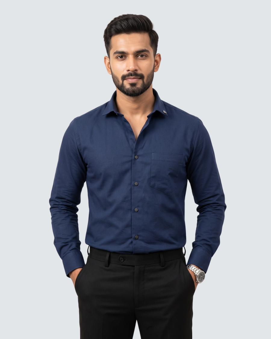 Navy cotton button-up shirt with long sleeves and chest pocket