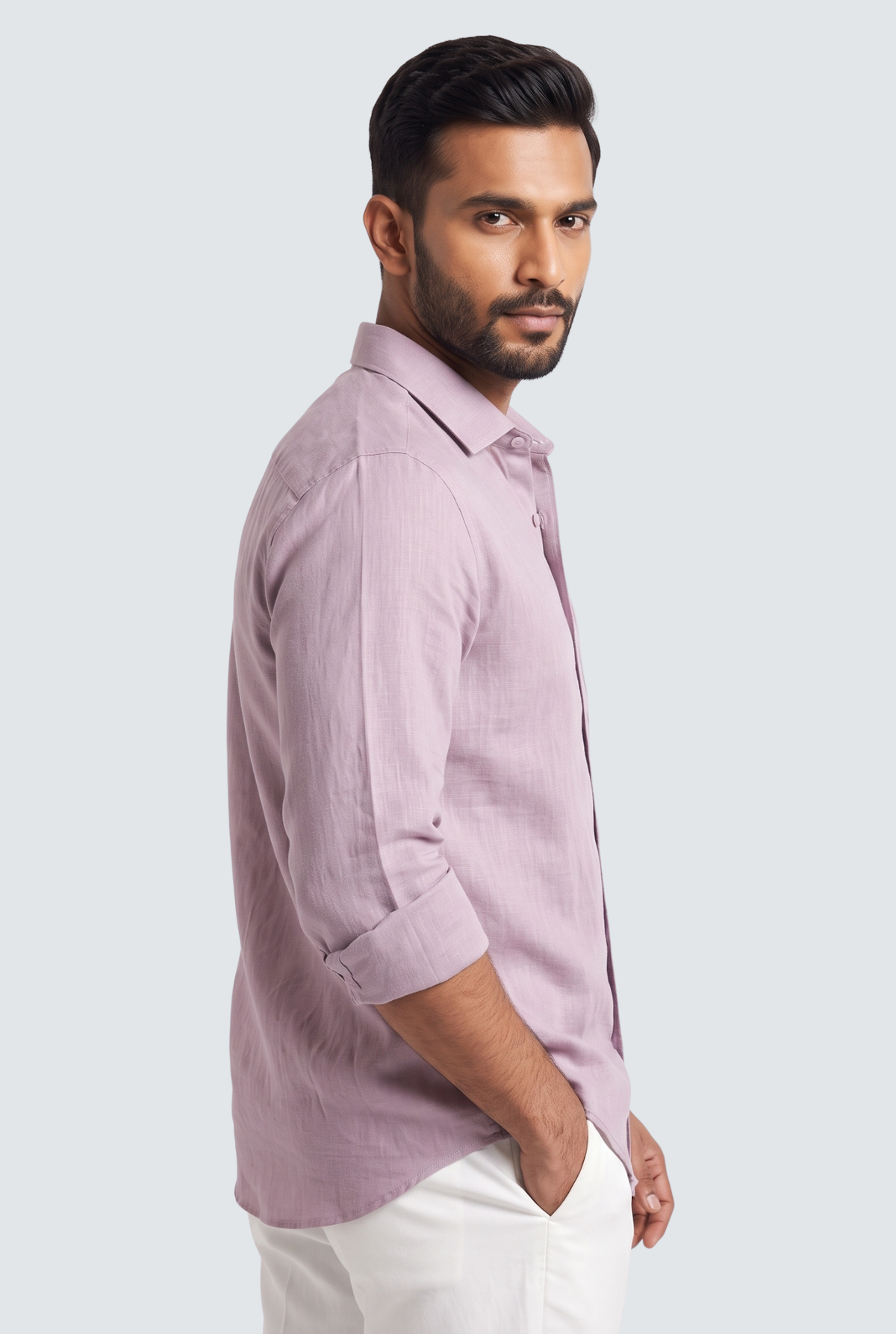 Light purple linen button-up shirt with three-quarter sleeves, side profile