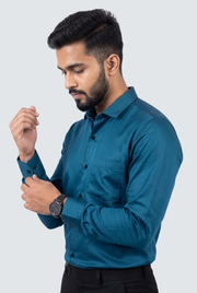 Men's Rama cotton satin lycra shirt, teal blue, button placket and long sleeves