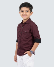 Maroon boys cotton button-up shirt with two chest pockets and dark sleeve cuffs.