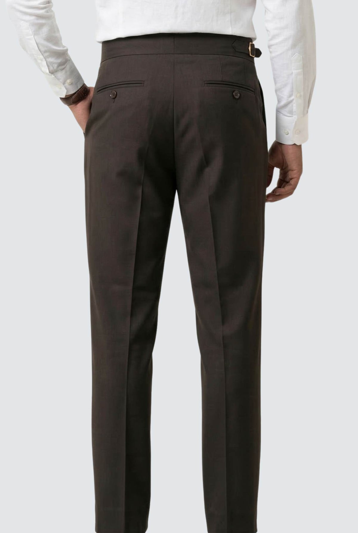 Men's brown trousers with pleated front, belt loops, and two back pockets.