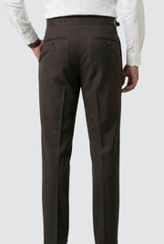 Men's brown trousers with pleated front, belt loops, and two back pockets.