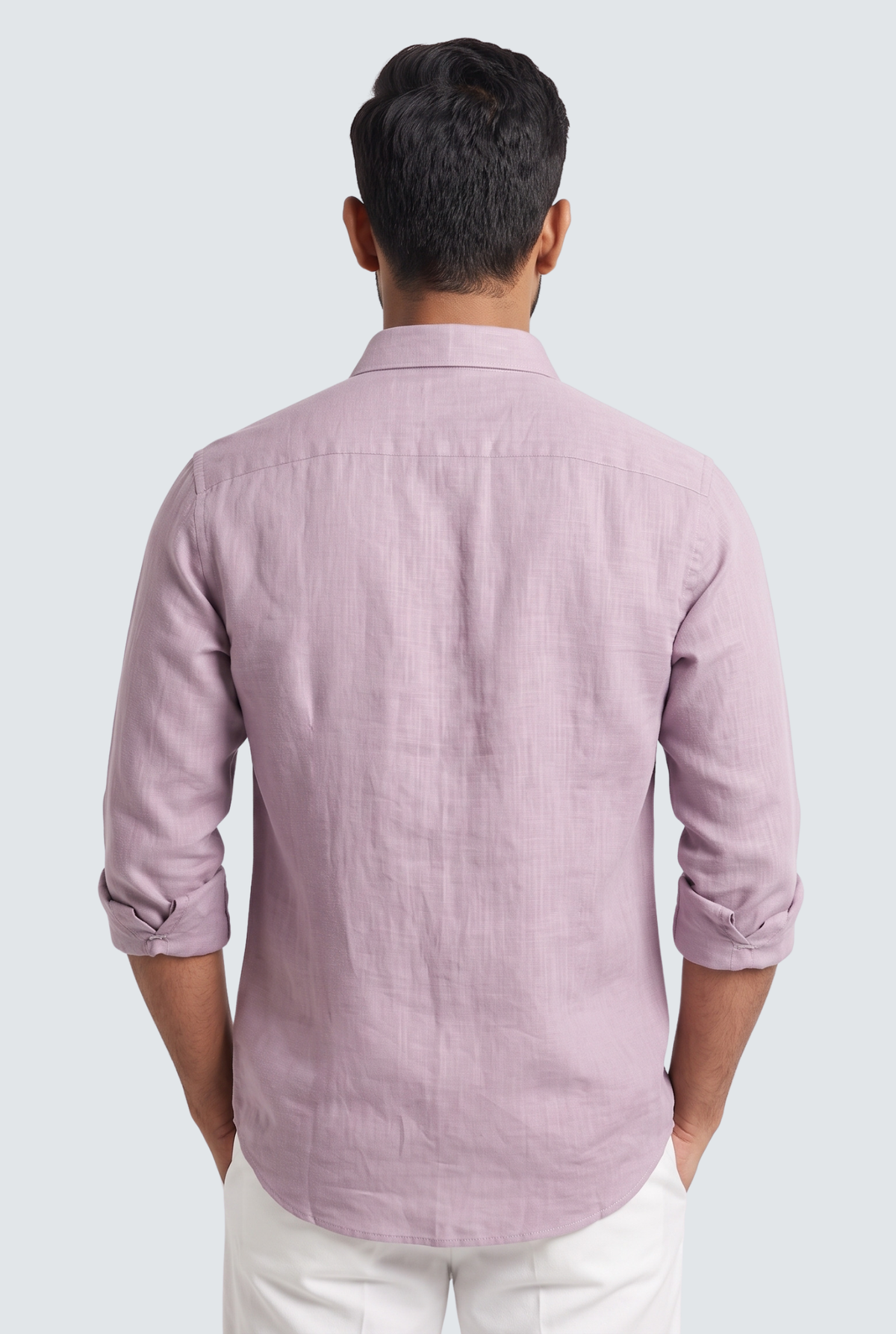Light purple linen shirt back view with button-up yoke and three-quarter sleeves