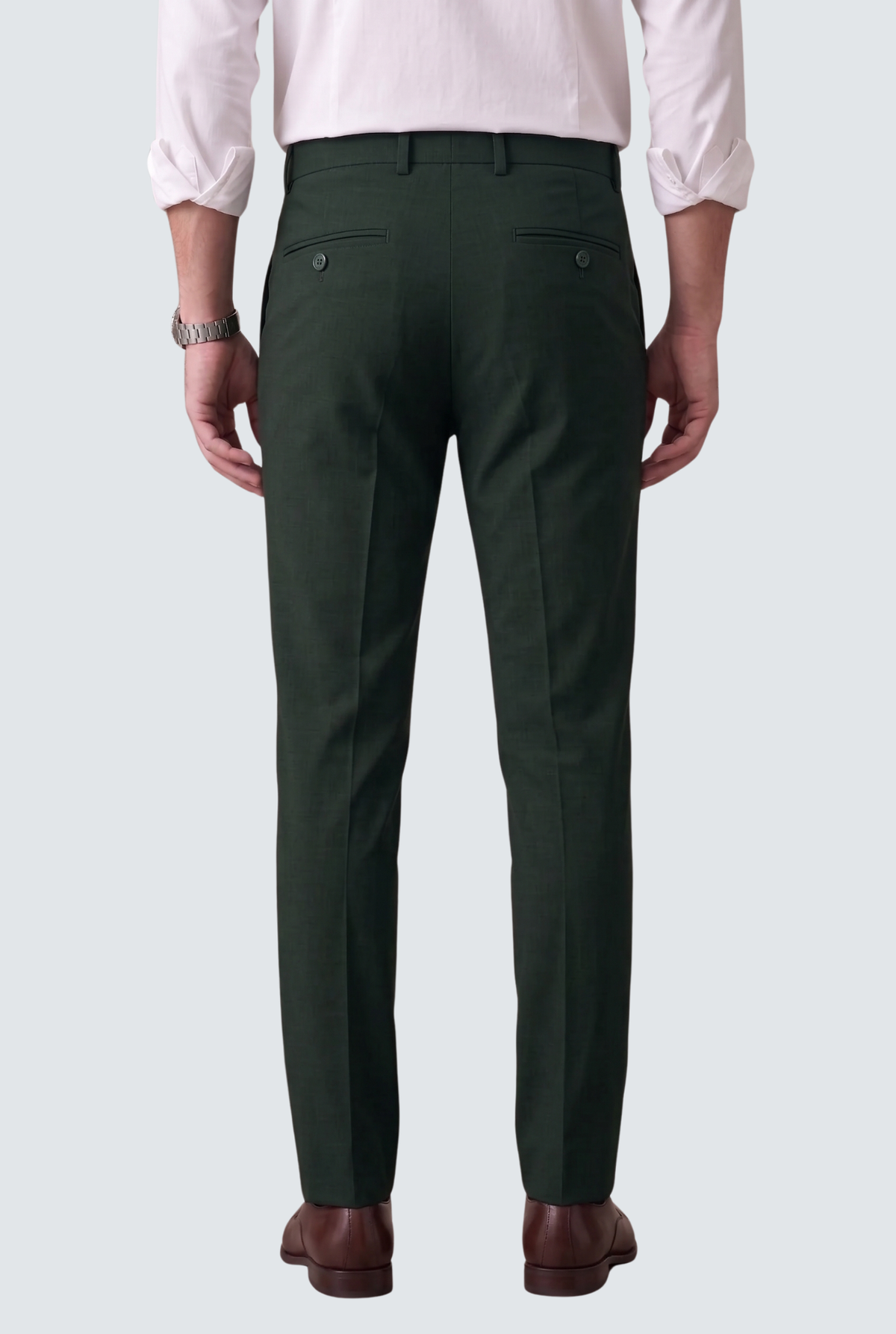 Bottle green slim-fit regular trousers, rear view with belt loops and button waist.