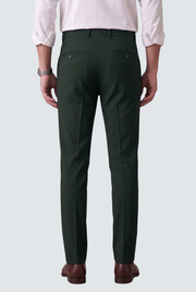 Bottle green slim-fit regular trousers, rear view with belt loops and button waist.