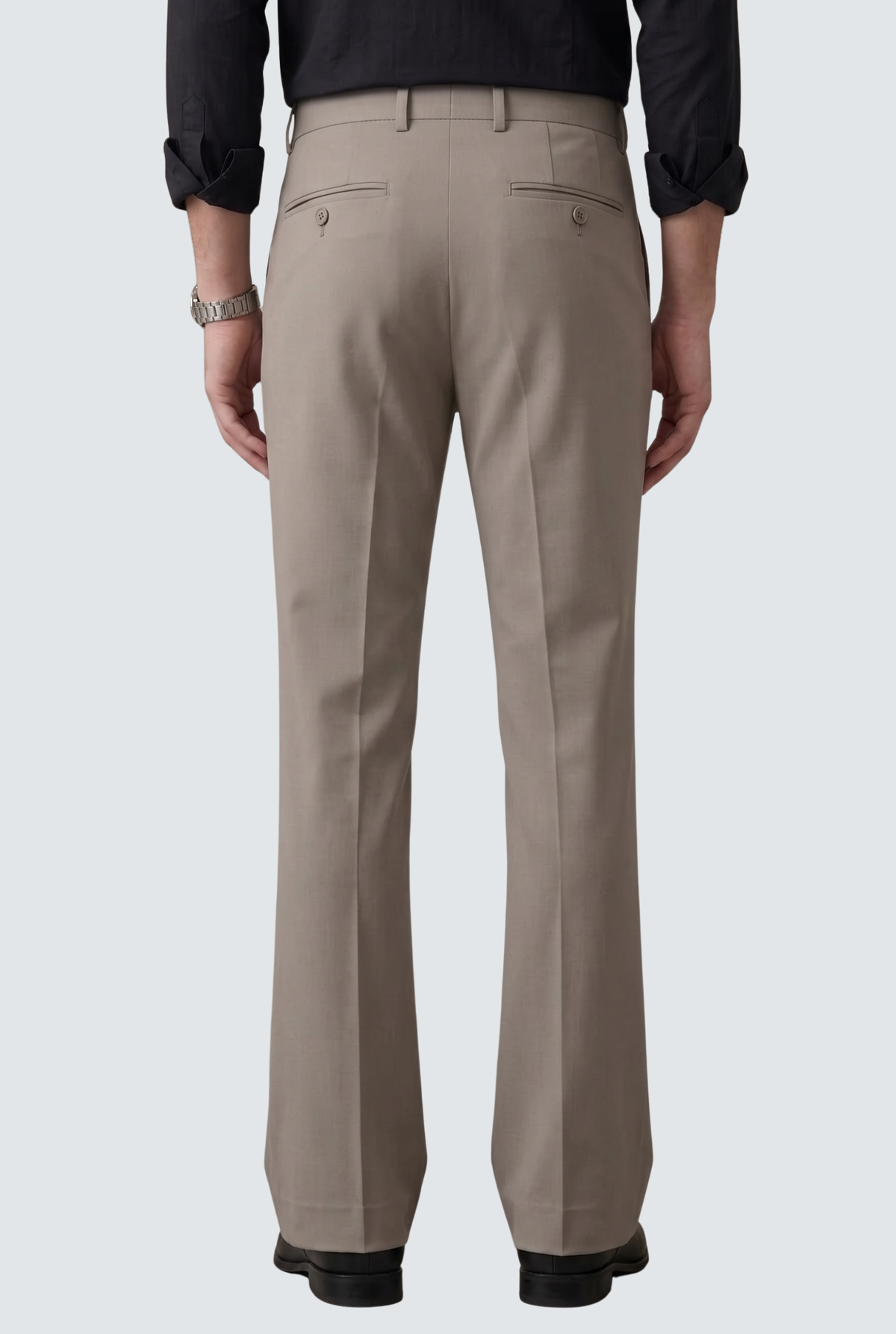 Men's light grey bootcut trousers, back view with waistband and belt loops
