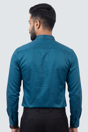 Men's Rama cotton satin lycra shirt, teal blue, back view with long sleeves