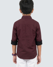 Maroon boys cotton button-up shirt, back view with dark cuffed sleeves.