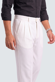 Men's white straight-fit Gurkha trousers, close-up of pleated waist and side seam pockets
