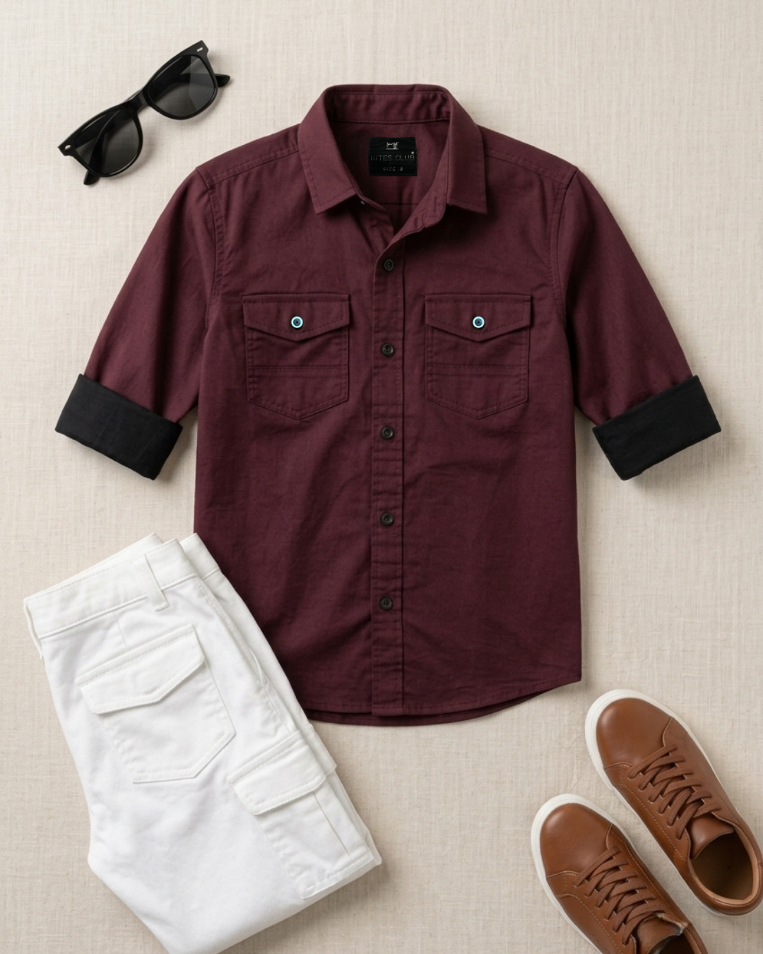 Maroon boys cotton button-up shirt with two chest pockets and dark cuffs.