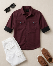 Maroon boys cotton button-up shirt with two chest pockets and dark cuffs.